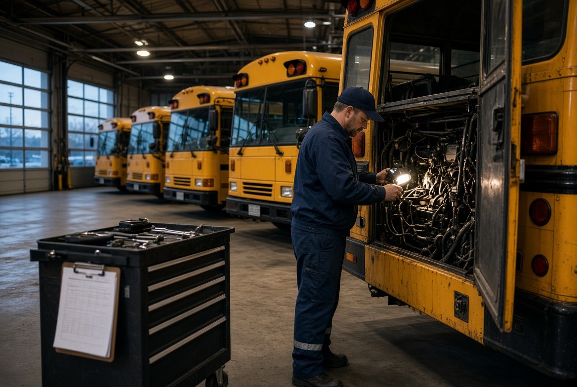 Bus maintenance mechanic inspecting engine in a fleet garage of school buses