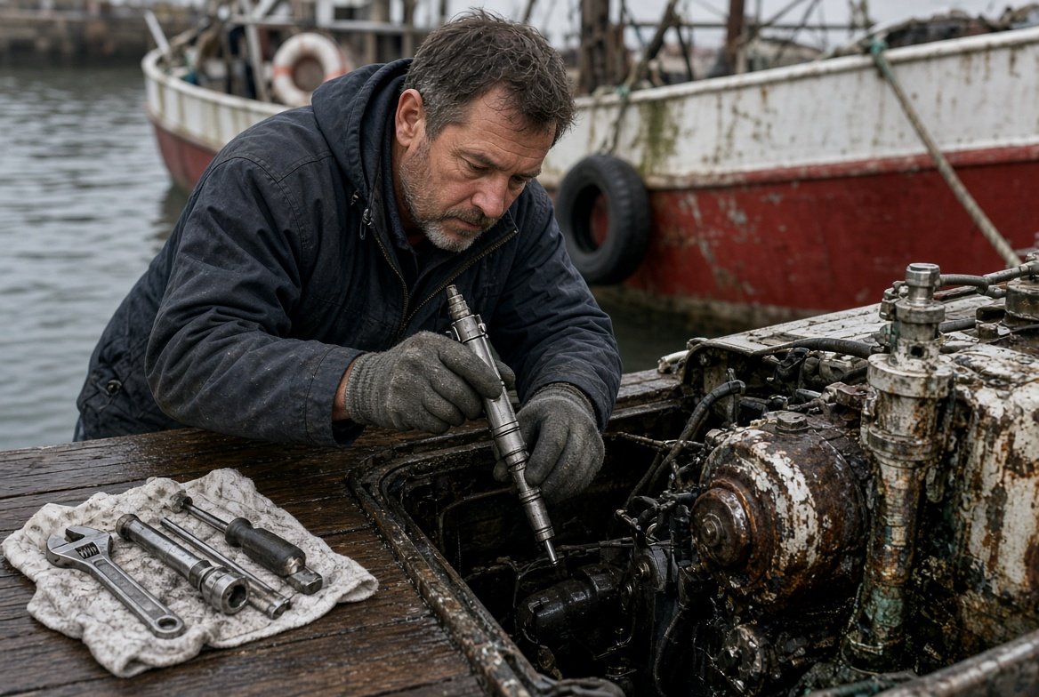 Marine mechanic servicing diesel injector near a working vessel at dock