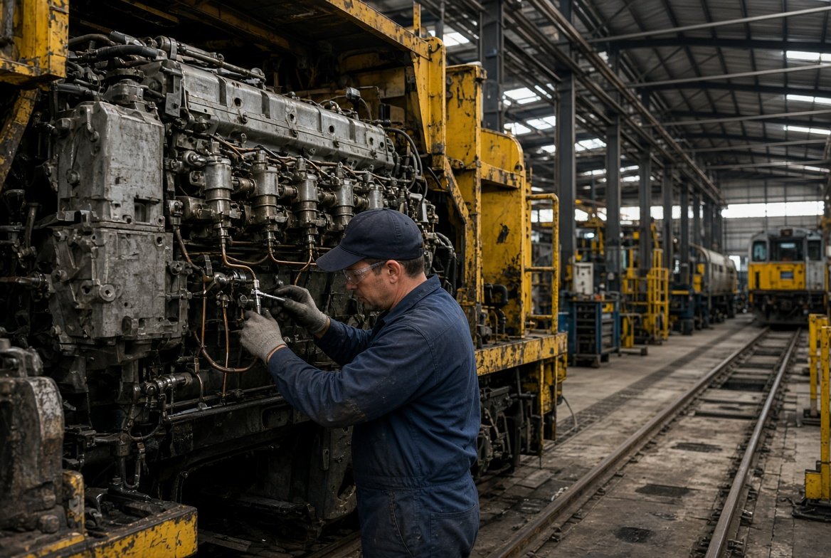 Technician inspecting a locomotive diesel engine in a rail-maintenance facility