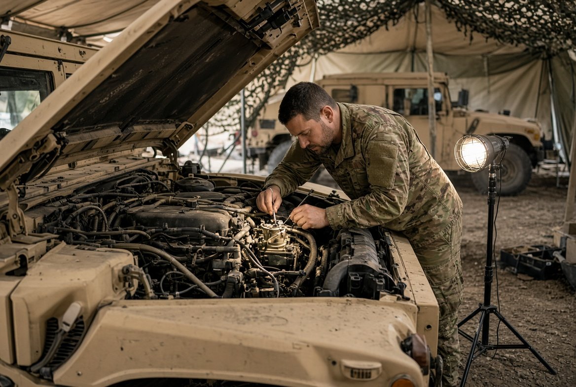 Military vehicle mechanic examining diesel engine inside camouflaged shelter