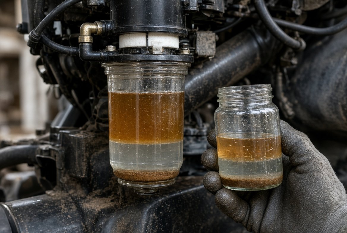 Two fuel samples show water and sediment contamination in diesel filter