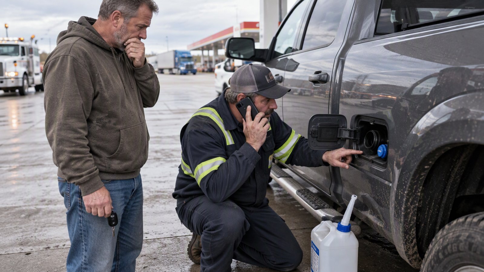 Diesel pickup with separate black diesel and blue DEF fillers; mechanic discussing a possible DEF filling mistake beside an unopened DEF container