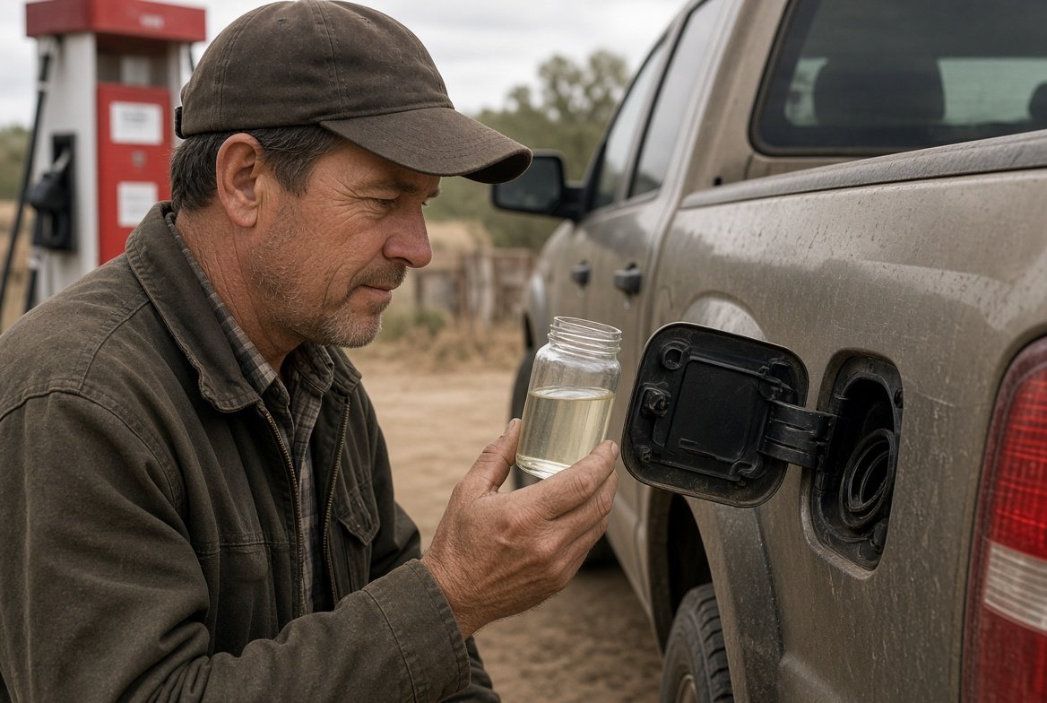 Mechanic examining possible gasoline contamination sample by diesel filler