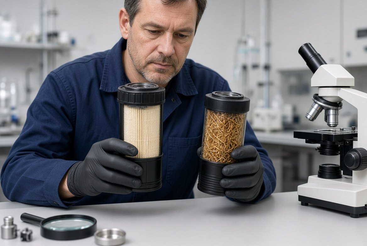 Two differently loaded fuel filter elements compared for fuel filtration discussion