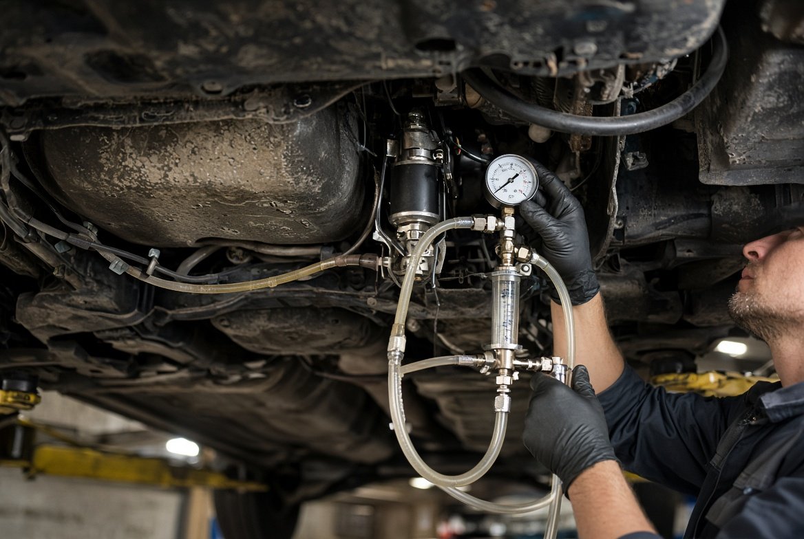 Technician testing lift-pump pressure and hoses beneath a diesel vehicle
