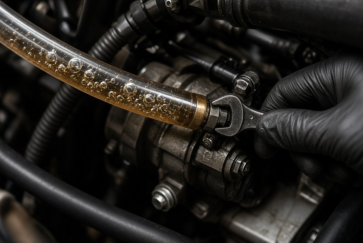 Bubbles visible in a transparent diesel fuel supply tube near fitting