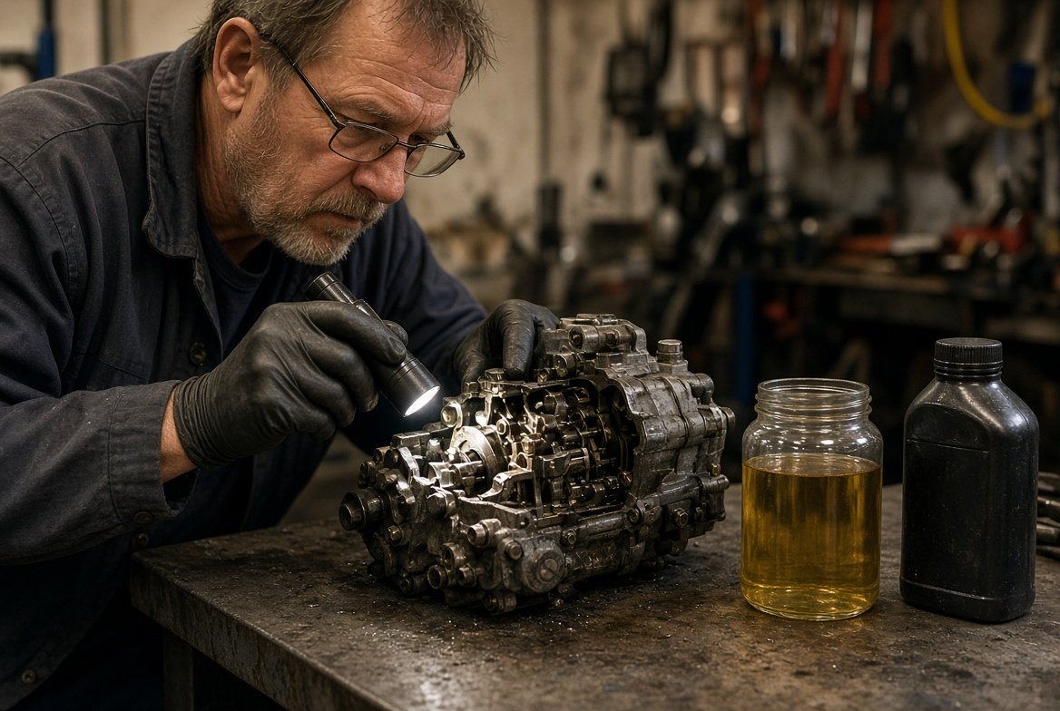 Mechanic examining older mechanical diesel injection pump beside sample oils