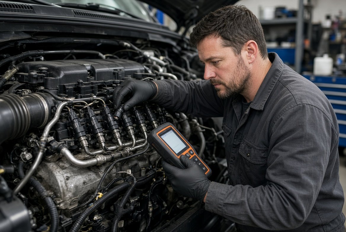 Technician checking electrical connectors after diesel injector replacement