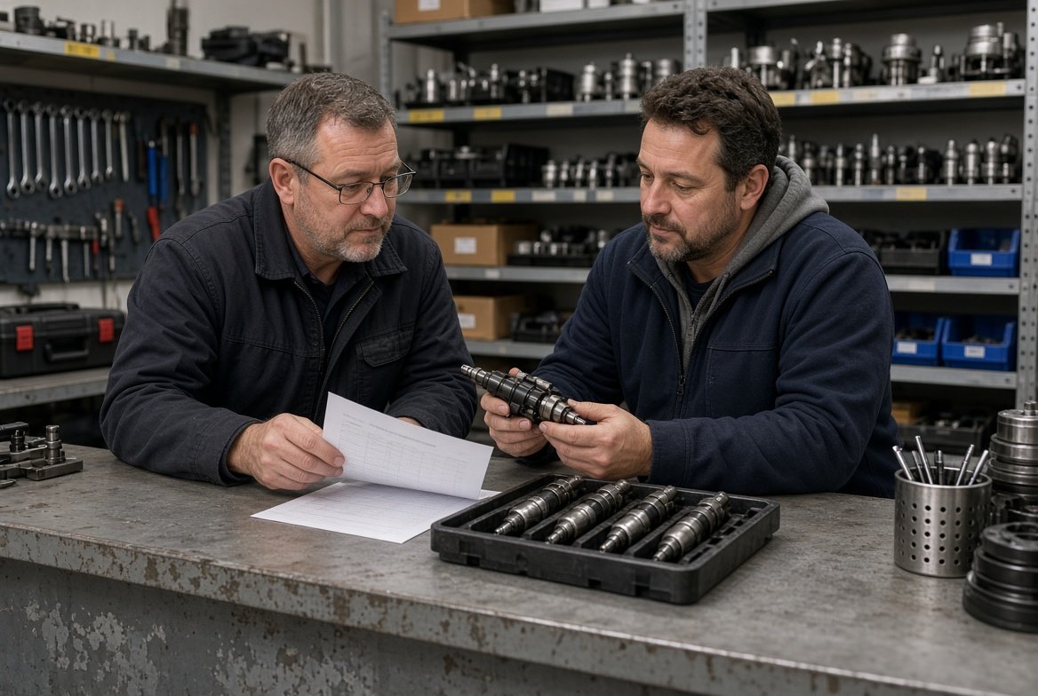 Two independent service professionals discussing injectors and repair documentation
