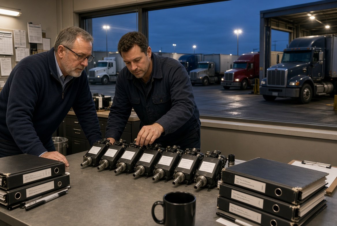 Fleet managers reviewing injectors and service plans in a truck depot