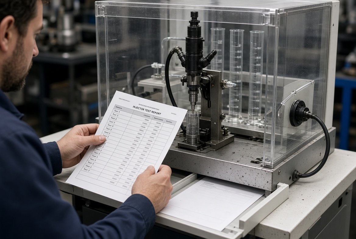Technician comparing bench injector test results and a quotation sheet