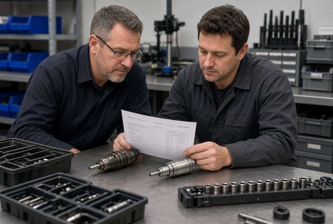 Repair specialists reviewing printed injector repair quotations at workbench