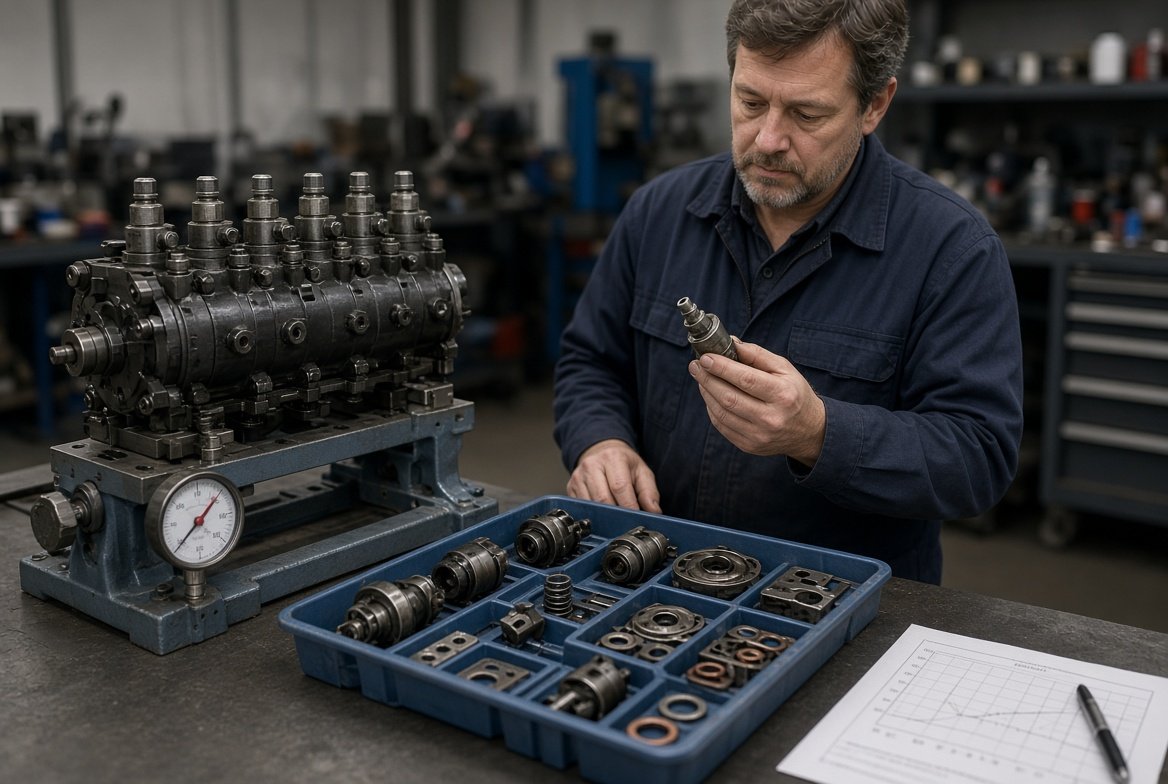Mechanic checking inline pump rebuild parts and quotation paperwork