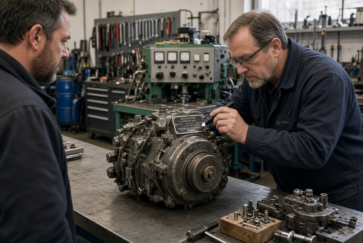 Technicians assessing pump-rebuild shop equipment and a diesel injection pump