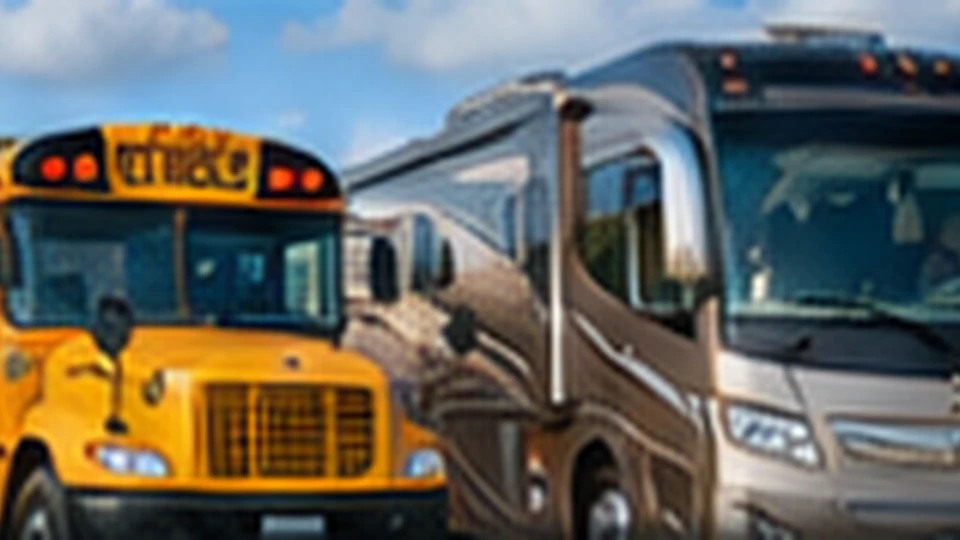 Yellow school bus beside a Class A diesel motorhome, illustrative rendering