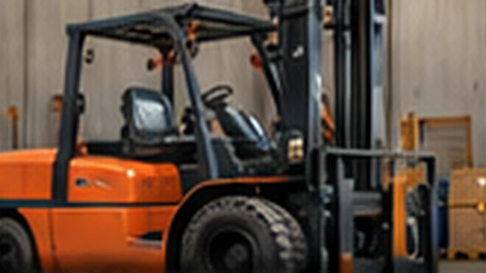 Illustrative orange diesel-powered forklift at an industrial warehouse