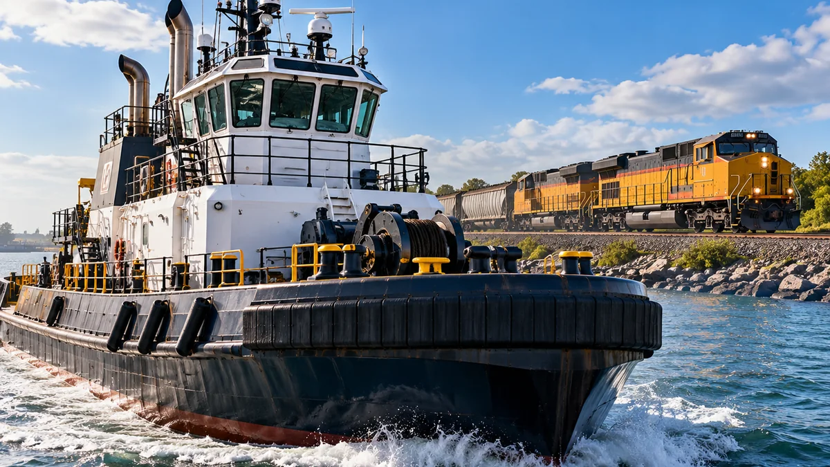 Large workboat with a freight locomotive passing in the background
