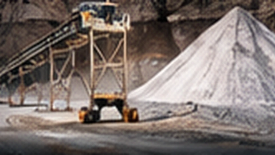 Salt mine site with heavy machinery and a large salt stockpile