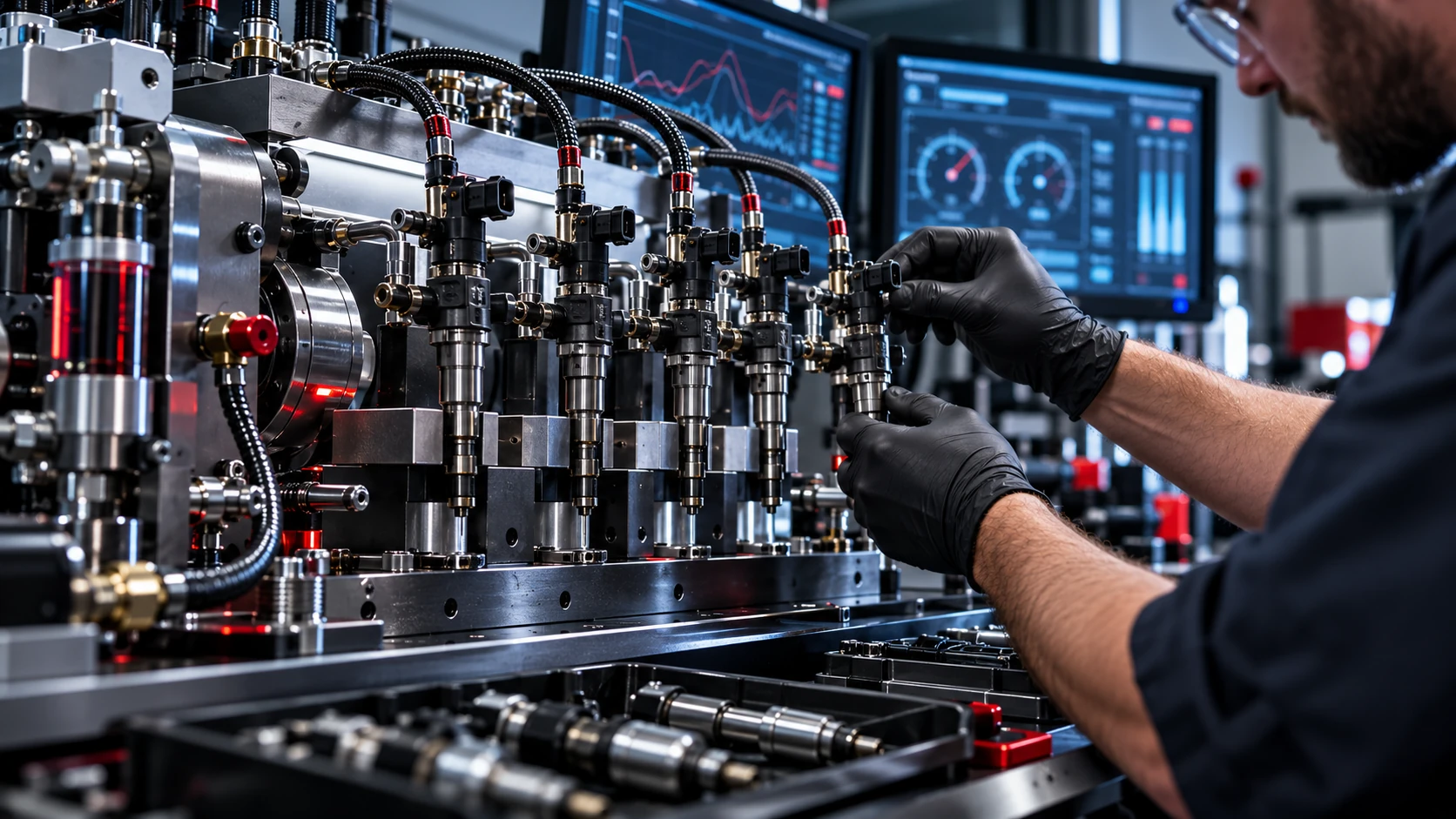 Precision diesel injector testing equipment and technician hands